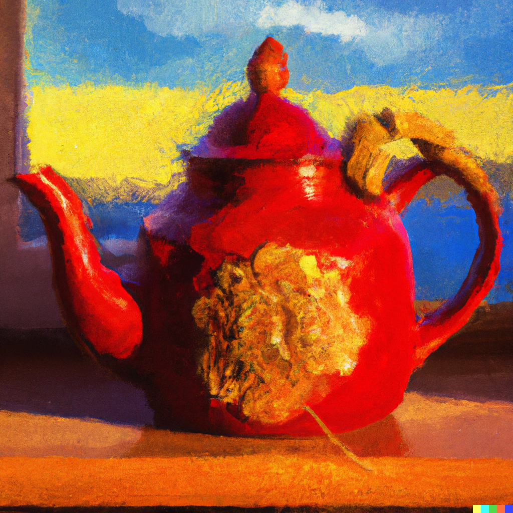 A red teapot painting in the style of Van Gogh. Morning light.